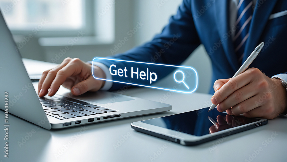 Poster a person using a laptop and a tablet with get help search bar and a stylus in an office setting