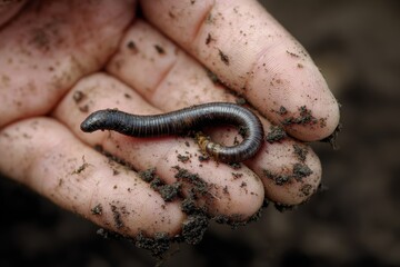 Fototapeta premium Gardener's Friend: Long Earth Worm in Hand, Showcasing Nature's Useful Soil Dweller