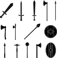 Set of Black Medieval Weapons and Shields