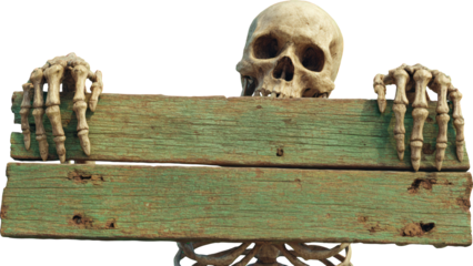Spooky skeleton holding blank green wood sign with scary look