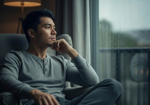 A Person Contemplating During Rainy Day