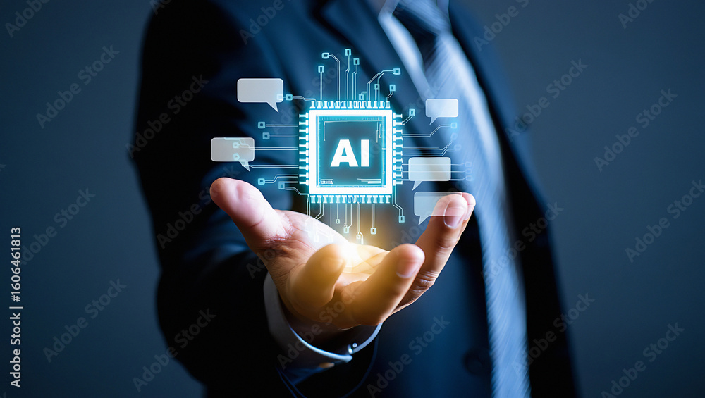 Poster a man in a suit holding a glowing ai chip with speech bubbles floating around it on his open hand