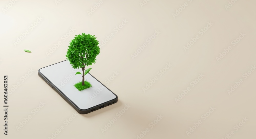 Fototapete Virtual Tree Planting Flat editorial layout of a tree icon growing from a smartphone, empty space for environmental text.