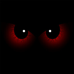 
Red scary eyes on dark black background. Evil demon ghost eyes for Halloween design. Vector illustration.