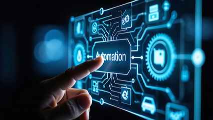 A finger touching an automation button on a futuristic interface with glowing blue circuit patterns