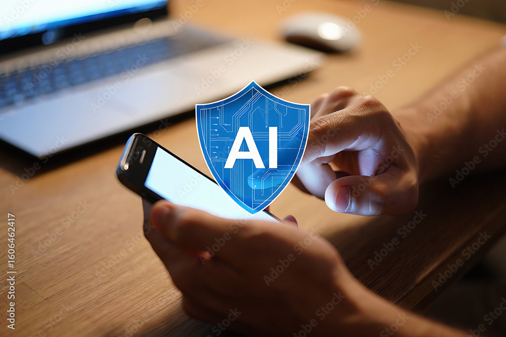 Aufkleber person using a smartphone with an ai security shield overlay in front of a laptop and mouse