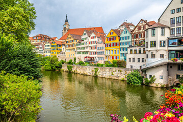 View at the Bank of Neckar river in the streets of Tubingen in Germany