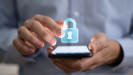 Person holding a smartphone with a digital padlock overlay for security and data protection concept