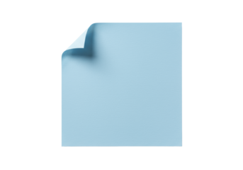 A single light blue square paper with fine texture and gently curled top-left corner casting a soft shadow, centered on transparent background with copy space, professional studio, top-down view,