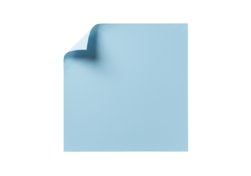 A single light blue square paper with fine texture and gently curled top-left corner casting a soft shadow, centered on transparent background with copy space, professional studio, top-down view,