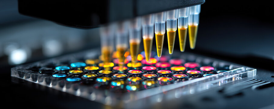 Precision liquid handling in a laboratory setting with a multi-channel pipette over a colorful microplate