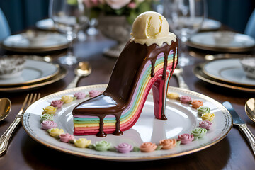 Colorful Rainbow Cake Shoe Dessert with Ice Cream on Elegant Dining Table