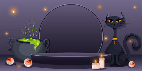 Halloween podium for product display design with spooky black cat, boiling cauldron, candles, eyeballs, and glowing stars on purple background. Vector illustration