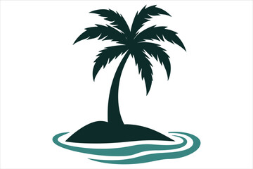 A lone palm tree standing on a small island with stylized ocean waves in the background