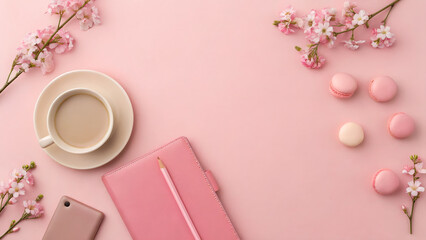 Delicate Pink Workspace with Coffee, Flowers, Macarons, and Stationery Flat Lay