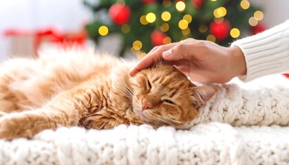A ginger cat resting on a white blanket, gently touched by a hand. Christmas background