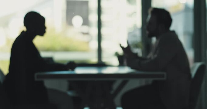 Office, lawyer and discussion with client, people or explaining legal procedure, plan or silhouette. Consultation, attorney and talking with man in law firm, justice and meeting for case or blur
