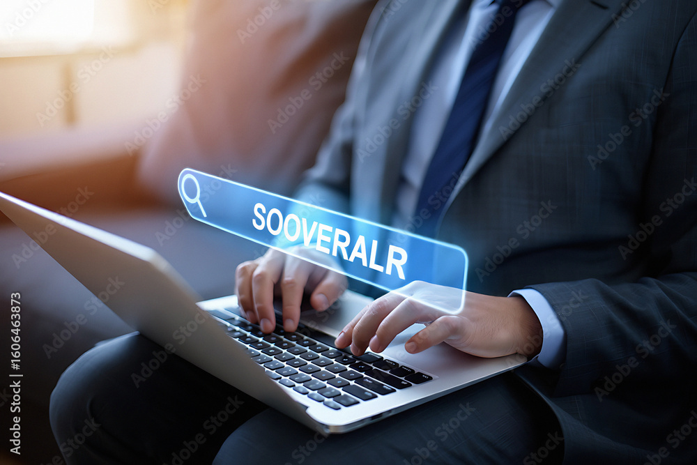 Poster a person in a suit types on a laptop with a search bar overlay displaying sooveralr text