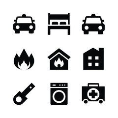 Collection of black service icons on a white background including taxi bed fire house washing machine first aid kit and tool