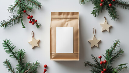 A minimalist, top-down flat lay of a blank kraft paper coffee bag mockup, surrounded by simple, natural Nordic and Scandinavian Christmas decorations on a clean white background