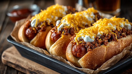 Delicious hot dogs topped with melted cheese and chili, perfect for comfort food lovers
