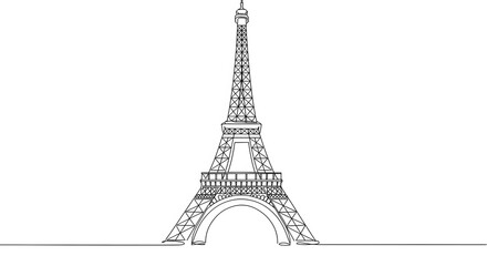 Minimalist one line drawing of a famous tower in Paris. French landmark symbol for travel and tourism, isolated on white.