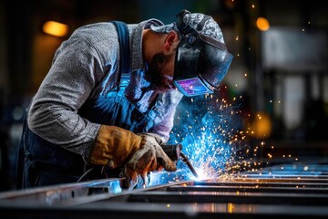 A construction worker welding a metal frame