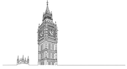 Minimalist line art illustration of the famous clock tower in London. Architectural vector sketch of a British landmark.