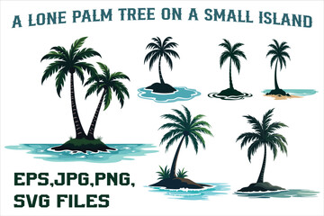 A lone palm tree standing on a small island with stylized ocean waves in the background