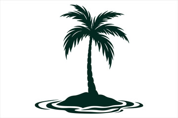 A lone palm tree standing on a small island with stylized ocean waves in the background