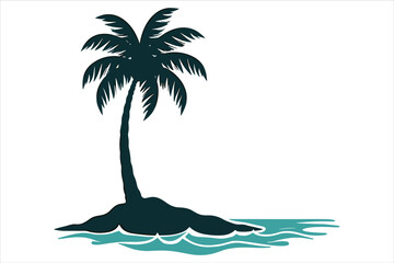 A lone palm tree standing on a small island with stylized ocean waves in the background