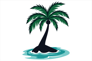 A lone palm tree standing on a small island with stylized ocean waves in the background