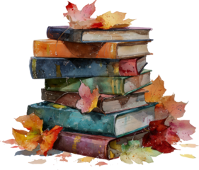 Cozy stack of vintage book with autumn leaf, watercolor illustration