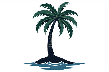 A lone palm tree standing on a small island with stylized ocean waves in the background