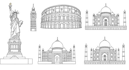 A detailed line art illustration set of famous world landmarks. Architectural icons for global travel concepts, including monuments from different countries.