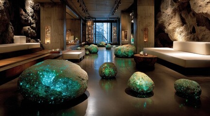 Interior design featuring glowing stones and modern furniture.