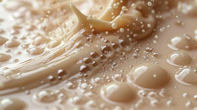 Beige fluid splash with droplets & bubbles in motion. Macro, detailed liquid