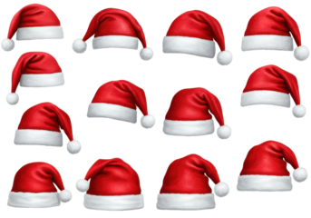 A collection of festive Santa hats in various orientations on a transparent background