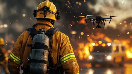 Human-Machine Teaming Concept. Firefighter Monitoring Scene with Drone Amidst Flames and Smoke in Emergency Response Situation