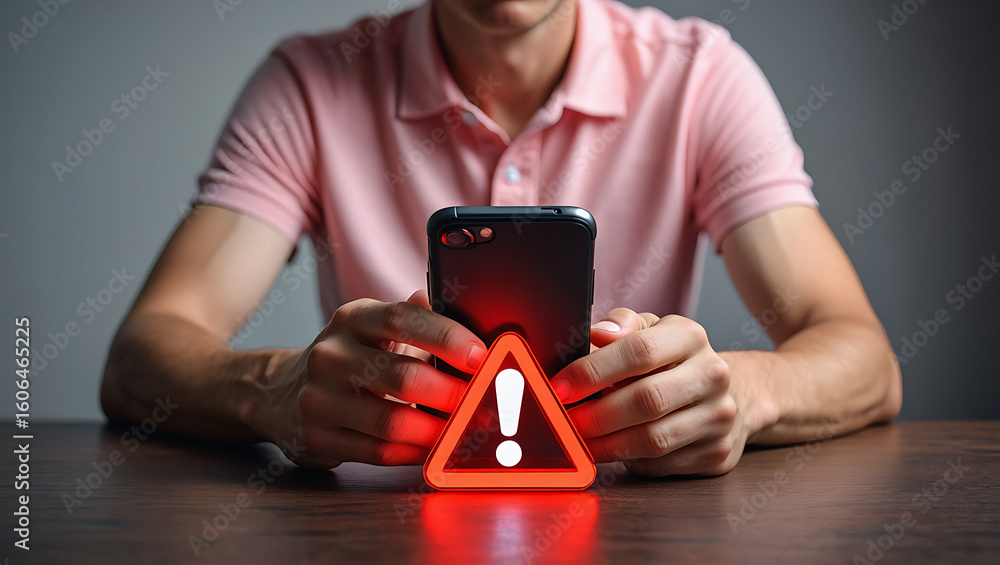 Poster person holding a smartphone with a red warning sign displayed on the screen in a dark setting
