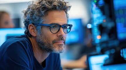 Human-Machine Teaming Concept. Focused professional analyzing data on computer screen with blue lighting in modern office