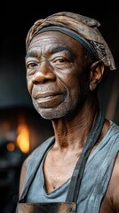 Fototapeta premium elderly blacksmith face, deeply lined with wrinkles and streaked with black soot and grime.
