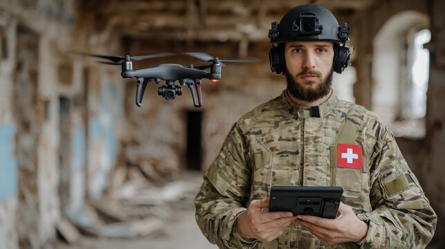 Human-Machine Teaming Concept. Soldier Operating Drone in Abandoned Building with Military Gear and Technology