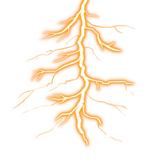 Orange glowing lightning bolt with electric branch pattern on transparent background
