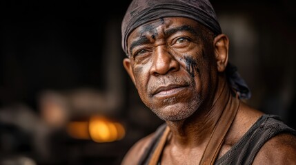 A close-up portrait of an elderly blacksmith face