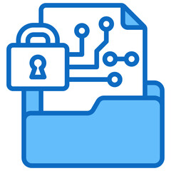 Obraz premium Encrypted Data Blue Fill Outline Vector Icon Design - secured file with circuit lines and a lock, symbolizing protected digital data or encrypted storage