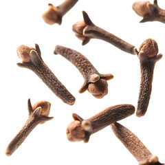 Fototapeta premium Aromatic spice cloves scattered isolated on a transparent background brown