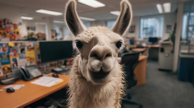 A white llama with long fur and prominent horns stands in an office environment. Desks and computers are visible in the background.