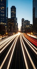 Fototapeta premium City skyline at night with light streaks from traffic on a highway