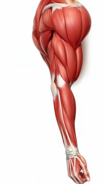 A detailed 3D rendering showcases the intricate musculature of the human arm and shoulder, rotating on a clean white background for comprehensive anatomical study.